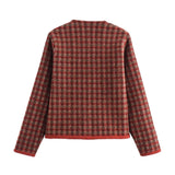 Black Friday Dodobye 2024 Autumn New Product Women's Classic Red Checkered Round Neck Long Sleeve Small Fragrant Knitted Sweater Coat