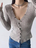 Dodobye-Solid Ribbed V Neck Twist Front Long Sleeve Knit