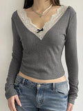 Dodobye-Lace Trim Splice V Neck Long Sleeve Knit