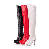 thanksgiving outfit Dodobye 2024 Sexy Over The Knee Boots Patent Leather Velvet Round Toe Lace Up Platform 11cm Thin Heel US12 White Red A4348