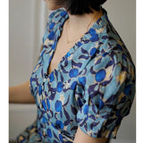 Dodobye Ultramarine Floral Pattern Vintage Dress That Secretly Blooms Quietly