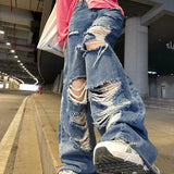 Dodobye Men's American Vintage Distressed Jeans High Street Straight Tube Loose Fitting Pants Ripped Denim Trendy Y2k 1017