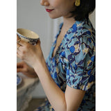 Dodobye Ultramarine Floral Pattern Vintage Dress That Secretly Blooms Quietly