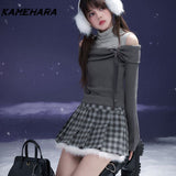 Dodobye Japanese Kawaii Pure Desire One Shoulder Fake Two-piece Knitted Top Spicy Girl Pleated Skirt Set Harajuku Y2K Clothing