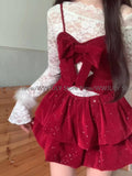 Dodobye Women Rave Birthday 2000s Shoujo Girl Korean Fashion Outfits 3 Piece Set Long Sleeve Lace Tops + Red Velvet Cami Dress + Shorts