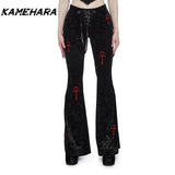 Dodobye American High Street Dark Gothic Cross Embroidered Bell Bottom Pants for Women's Outfit High Waisted Slimming Y2k Pants