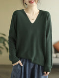 christmas outfit Dodobye Long Sleeves Loose Solid Color V-Neck Sweater Tops