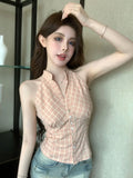 Dodobye Woman Summer Shirt Sleeveless Plaid Lapel Summer Pleated Slim Fit Design Hot Girl Top Version Niche Pure Desire Korean