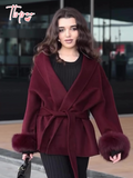 christmas outfit Dodobye 2025 Burgundy Elegant Lace Up Faux Fur Cuffs Woolen Coat New Women's Fashion Long Sleeve Lapel Jacket Temperament Ladies Outwear