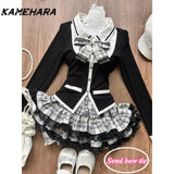 Dodobye American Retro College Style Gray White Checkered Cake Half Skirt Bow Black Slimming Patchwork Cardigan Two-piece Sets