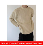 winter outfits men Autumn and Winter Retro Stitching round Neck Sweater Men's Street Loose Couple Knitted Top Men