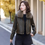 thanksgiving outfit Dodobye Women's Autumn Winter New Style Leather Jacket Large Collar Fleece Lined And Thickened Petite Jacket PULeather ZH1138