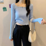 Black Friday Dodobye Autumn Slim Knitted Crop Sweaters Women Fashion Solid Long Sleeve Square Collar Pullovers Korean All Match Chic Casual Sweaters