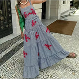 Dodobye Embroidery Plaid Long Dresses Women Sleeveless Slip Midi Dress Woman Pleated Backless Beach Dress Vintage Summer Dress