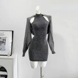 Dodobye 2025 Autumn Elegant Knitted Suit Woman Korean Fashion 2 Piece Set Sexy Sleeveless Slim Mini Dress + Casual Short Cardigan Chic