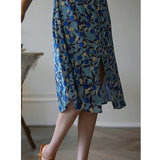 Dodobye Ultramarine Floral Pattern Vintage Dress That Secretly Blooms Quietly