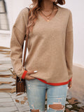 christmas outfit Dodobye Long Sleeves Loose Contrast Color V-Neck Pullovers Sweater Tops