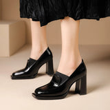 Dodobye Autumn New Patent Leather Chunky Heel Woman Shoe Round Toe Thick Sole Designer Black Brown Pumps Slip-on Lace Up Career Heels