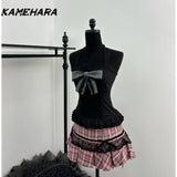 Dodobye Japanese Sweet Kawaii 3-piece Sets Women High Street Sweet Hooded Coat Retro Bow Sling Vest High Waist Plaid Pink Skirt