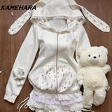 Dodobye Sweet Girl Cute Hooded Ear Set Lace Up Hoodie Jacket Fashionable High Waisted Cake Skirt Spring Autumn Y2k 2 Piece Set