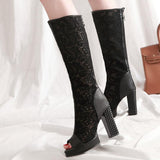 thanksgiving outfit Dodobye Ladies Summer Boots Peep Toe Chunky Heels Lace Mesh Splice Big Size 33-43 Black Whiete Fashion Sexy S4036