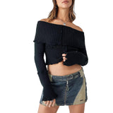 thanksgiving outfit Dodobye Women s Off-Shoulder Cropped Tops Ribbed Knit Long Sleeve Lettuce Edge Trims Sweater Slim Fitted Y2K Knitwear