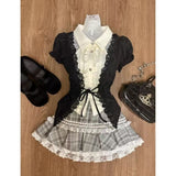 Dodobye College Style Sweet Witch Black Waist Cinching Fake Two-piece Shirt Gray Patchwork Lace Plaid Short Skirt Sets Платье