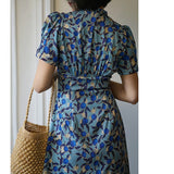 Dodobye Ultramarine Floral Pattern Vintage Dress That Secretly Blooms Quietly