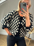 Dodobye Plaid Lace Up Bow Female Cardigan Flare Sleeve O Neck Women Sweater 2025 Autumn Fashion Casual Loose Elegant Knit Lady Top