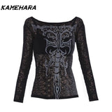 Dodobye American Retro Star Printed Long Sleeve T-shirt Autumn Winter Design Sense Y2k Subculture Knitted Base Shirt Corset Top