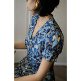 Dodobye Ultramarine Floral Pattern Vintage Dress That Secretly Blooms Quietly