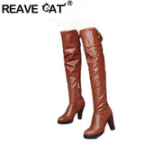 thanksgiving outfit Dodobye Over-Knee High Boots Round Toe Block Heel TPU Outsole Charm Size 33-45 Mature Red S2675