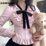 Dodobye Spring Autumn Korean Sweet Lolita Gentle Style Bow Long Sleeve Top High Waist Slim A-line Half Body Skirt Y2k Sets 2025