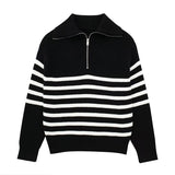 Black Friday Dodobye Casual Knitted Zipper Striped Sweaters Women Loose Solid Lapel Long Sleeve Sweater Jacket Female Autumn Versatile Daily Outwear