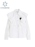 Dodobye Fashion Vintage Shirt Women Tops 2025 New Blouse Sweet Autumn Tiered Ruffles Auricular Edge Heart-shaped Bubble Sleeve White Top