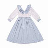 Dodobye Baby Blue V Neck Frill Color Docking Dress