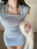 Dodobye 2025 Winter Blue Sexy Slim Bodycon Dress Woman Korean Fashion Elegant Knitted Dress Short Party Y2k Mini Dress Office Lady Chic