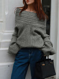 christmas outfit Dodobye Long Sleeves Loose Solid Color Split-Joint Off-The-Shoulder Pullovers Sweater Tops