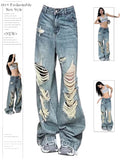 Dodobye Women's Y2k Ripped Jeans Baggy Harajuku 2000s Trashy 90s Aesthetic Denim Trousers Streetwear Oversize Jean Pants Vintage Clothes