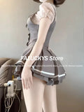 Dodobye 2025 Japanese Kawaii Lolita 3 Piece Set Women Preppy Slim Striped Blouse + French Retro Vest + Sweet Cute Bow A-line Mini Skirts