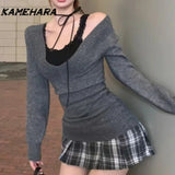 Dodobye Autumn Vintage Slim Knit 3 Piece Sets Women High Street Fashion Lace Thin V Neck Vest Solid Cardigan Plaid Short Skirts