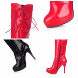 thanksgiving outfit Dodobye 2024 Sexy Over The Knee Boots Patent Leather Velvet Round Toe Lace Up Platform 11cm Thin Heel US12 White Red A4348