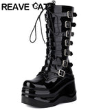 thanksgiving outfit Dodobye Women Boots Round Toe Patent Leather Wedges 10.5cm Platform Hill 6.5cm Lace Up  Booties