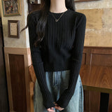 Black Friday Dodobye Elegant Knitted Pullover Women Korean Slim Stretch Vertical Pit Stripes Solid Sweater Spring Fall Long Sleeved O-Neck Female Top