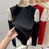 Black Friday Dodobye Lace Patchwork Knitted Sweater Women Chic Elegant Stand-Collar Fall Winter Tops Solid Ruffled Long-Sleeve Sweet Jumpers Pullover