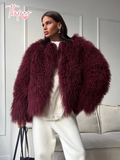 christmas outfit Dodobye New Fashion Burgundy Oversized Fluffy Faux Fur Coat 2024 Chic Women O-neck Long Sleeved Warm Jacket Winter Lady Loose Streetwear