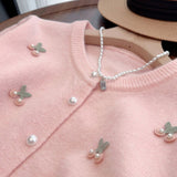 Black Friday Dodobye Sweet Knitted Cardigan Women Pink 3D Chelsea Pearl Button O-Neck Chic Sweater Fashion Pretty Style Gentle Korean Tops