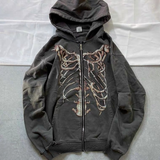 Dodobye Gothic skeleton print hoodies women zipper sweater dark series old rock street hiphop American retro women Y2K  hoodies