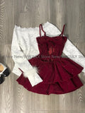 Dodobye Women Rave Birthday 2000s Shoujo Girl Korean Fashion Outfits 3 Piece Set Long Sleeve Lace Tops + Red Velvet Cami Dress + Shorts