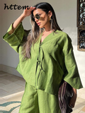 Dodobye Casual Loose 2 Pieces Sets Women 2024 Summer V-neck Lace Up Long Sleeve Blouses Wide Leg Trousers Vintage Green Lady Pants Suit